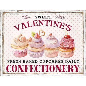 Valentines Day Sign, Cupcake Wreath,  Metal Tin Sign Vintage Sign 8 x 12 Inch